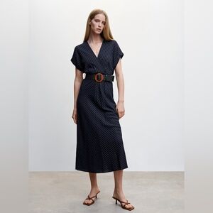 Navy Pinstripe Faux Wrap Midi Dress Linen Blend